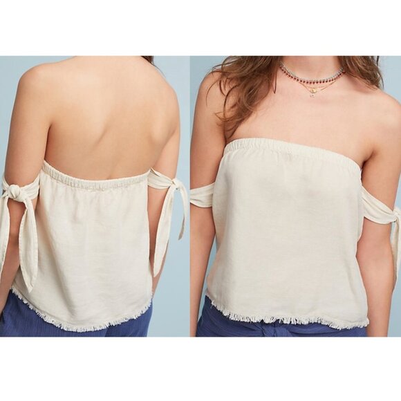 CLOTH & STONE ANTHROPOLOGIE ANTHRO Frayed Off the Shoulder Top Cream Boho Hippie - Picture 1 of 16